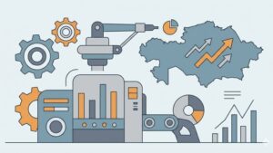 Современная иллюстрация на тему рынка запчастей для дробилок Metso в Казахстане в 2026 году.